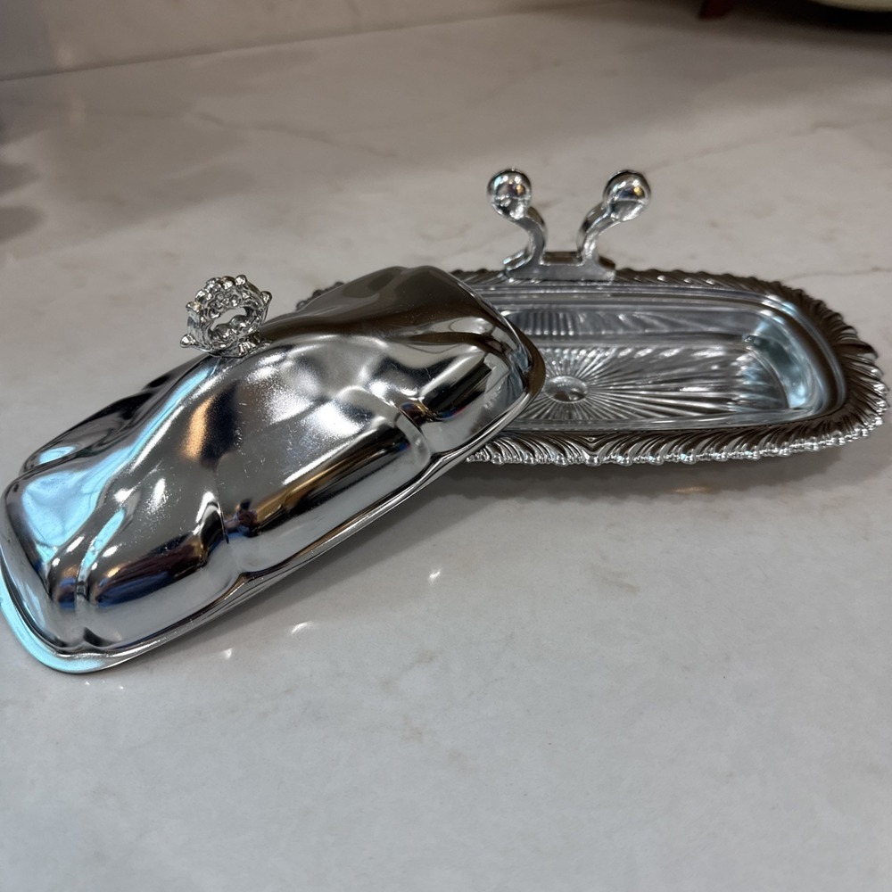 Shelton-Ware Chrome Butter Dish with Knife Rest and Glass Insert Made in USA
